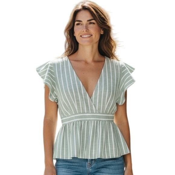 Lydelle Green White Striped Peplum Blouse Women’s Medium - Picture 3 of 6